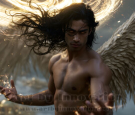 Stunning AI-generated male angel art handsome heavenly warriors with enormous shimmering wings descending from the celestial realm. Heaven's Warriors Collection by Jeff Dupler.