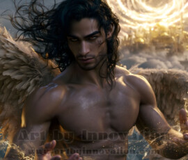 Stunning AI-generated male angel art handsome heavenly warriors with enormous shimmering wings descending from the celestial realm. Heaven's Warriors Collection by Jeff Dupler.