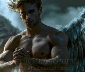 Stunning AI-generated male angel art handsome heavenly warriors with enormous shimmering wings descending from the celestial realm. Heaven's Warriors Collection by Jeff Dupler.