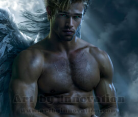 Stunning AI-generated male angel art handsome heavenly warriors with enormous shimmering wings descending from the celestial realm. Heaven's Warriors Collection by Jeff Dupler.