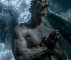 Stunning AI-generated male angel art handsome heavenly warriors with enormous shimmering wings descending from the celestial realm. Heaven's Warriors Collection by Jeff Dupler.