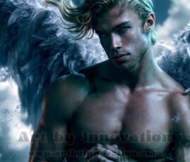 Stunning AI-generated male angel art handsome heavenly warriors with enormous shimmering wings descending from the celestial realm. Heaven's Warriors Collection by Jeff Dupler.