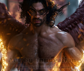 Stunning AI-generated male angel art handsome heavenly warriors with enormous shimmering wings descending from the celestial realm. Heaven's Warriors Collection by Jeff Dupler.