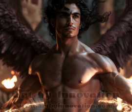 Stunning AI-generated male angel art handsome heavenly warriors with enormous shimmering wings descending from the celestial realm. Heaven's Warriors Collection by Jeff Dupler.
