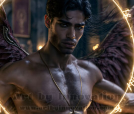 Stunning AI-generated male angel art handsome heavenly warriors with enormous shimmering wings descending from the celestial realm. Heaven's Warriors Collection by Jeff Dupler.