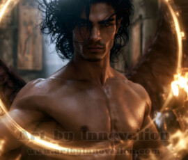 Stunning AI-generated male angel art handsome heavenly warriors with enormous shimmering wings descending from the celestial realm. Heaven's Warriors Collection by Jeff Dupler.