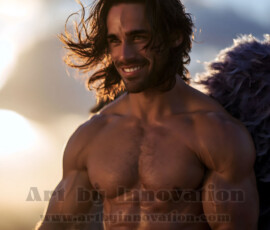 Stunning AI-generated male angel art handsome heavenly warriors with enormous shimmering wings descending from the celestial realm. Heaven's Warriors Collection by Jeff Dupler.