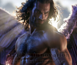 Stunning AI-generated male angel art handsome heavenly warriors with enormous shimmering wings descending from the celestial realm. Heaven's Warriors Collection by Jeff Dupler.
