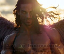 Stunning AI-generated male angel art handsome heavenly warriors with enormous shimmering wings descending from the celestial realm. Heaven's Warriors Collection by Jeff Dupler.