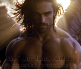 Stunning AI-generated male angel art handsome heavenly warriors with enormous shimmering wings descending from the celestial realm. Heaven's Warriors Collection by Jeff Dupler.