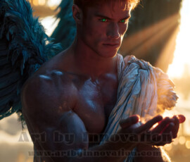 Stunning AI-generated male angel art handsome heavenly warriors with enormous shimmering wings descending from the celestial realm. Heaven's Warriors Collection by Jeff Dupler.