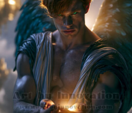 Stunning AI-generated male angel art handsome heavenly warriors with enormous shimmering wings descending from the celestial realm. Heaven's Warriors Collection by Jeff Dupler.