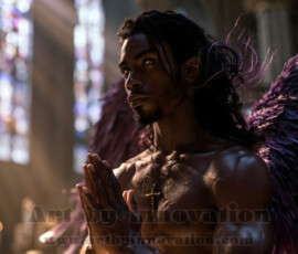 Stunning AI-generated male angel art handsome heavenly warriors with enormous shimmering wings descending from the celestial realm. Heaven's Warriors Collection by Jeff Dupler.