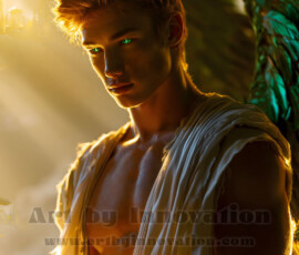Stunning AI-generated male angel art handsome heavenly warriors with enormous shimmering wings descending from the celestial realm. Heaven's Warriors Collection by Jeff Dupler.