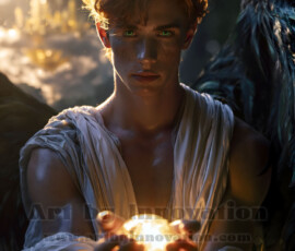 Stunning AI-generated male angel art handsome heavenly warriors with enormous shimmering wings descending from the celestial realm. Heaven's Warriors Collection by Jeff Dupler.