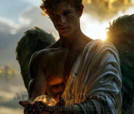 Stunning AI-generated male angel art handsome heavenly warriors with enormous shimmering wings descending from the celestial realm. Heaven's Warriors Collection by Jeff Dupler.