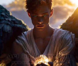Stunning AI-generated male angel art handsome heavenly warriors with enormous shimmering wings descending from the celestial realm. Heaven's Warriors Collection by Jeff Dupler.