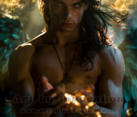 Stunning AI-generated male angel art handsome heavenly warriors with enormous shimmering wings descending from the celestial realm. Heaven's Warriors Collection by Jeff Dupler.