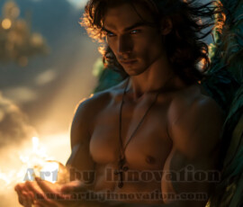 Stunning AI-generated male angel art handsome heavenly warriors with enormous shimmering wings descending from the celestial realm. Heaven's Warriors Collection by Jeff Dupler.