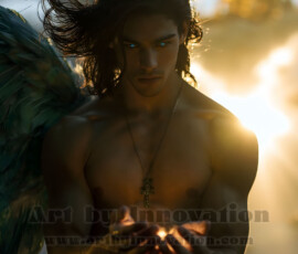 Stunning AI-generated male angel art handsome heavenly warriors with enormous shimmering wings descending from the celestial realm. Heaven's Warriors Collection by Jeff Dupler.