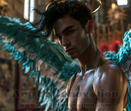 Stunning AI-generated male angel art handsome heavenly warriors with enormous shimmering wings descending from the celestial realm. Heaven's Warriors Collection by Jeff Dupler.