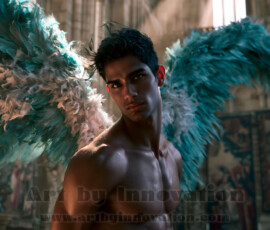 Stunning AI-generated male angel art handsome heavenly warriors with enormous shimmering wings descending from the celestial realm. Heaven's Warriors Collection by Jeff Dupler.
