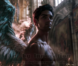 Stunning AI-generated male angel art handsome heavenly warriors with enormous shimmering wings descending from the celestial realm. Heaven's Warriors Collection by Jeff Dupler.