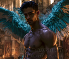 Stunning AI-generated male angel art handsome heavenly warriors with enormous shimmering wings descending from the celestial realm. Heaven's Warriors Collection by Jeff Dupler.