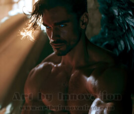 Stunning AI-generated male angel art handsome heavenly warriors with enormous shimmering wings descending from the celestial realm. Heaven's Warriors Collection by Jeff Dupler.