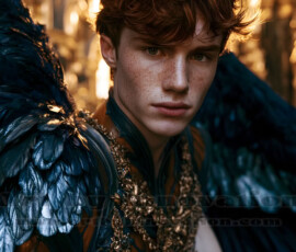 Stunning AI-generated male angel art handsome heavenly warriors with enormous shimmering wings descending from the celestial realm. Heaven's Warriors Collection by Jeff Dupler.