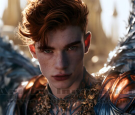 Stunning AI-generated male angel art handsome heavenly warriors with enormous shimmering wings descending from the celestial realm. Heaven's Warriors Collection by Jeff Dupler.
