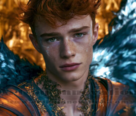 Stunning AI-generated male angel art handsome heavenly warriors with enormous shimmering wings descending from the celestial realm. Heaven's Warriors Collection by Jeff Dupler.