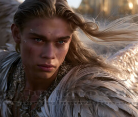Stunning AI-generated male angel art handsome heavenly warriors with enormous shimmering wings descending from the celestial realm. Heaven's Warriors Collection by Jeff Dupler.