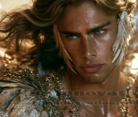 Stunning AI-generated male angel art handsome heavenly warriors with enormous shimmering wings descending from the celestial realm. Heaven's Warriors Collection by Jeff Dupler.