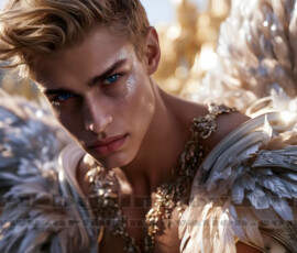 Stunning AI-generated male angel art handsome heavenly warriors with enormous shimmering wings descending from the celestial realm. Heaven's Warriors Collection by Jeff Dupler.