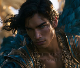 Stunning AI-generated male angel art handsome heavenly warriors with enormous shimmering wings descending from the celestial realm. Heaven's Warriors Collection by Jeff Dupler.