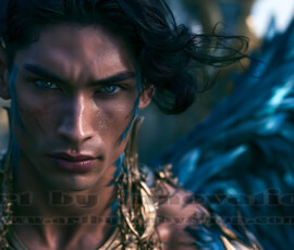 Stunning AI-generated male angel art handsome heavenly warriors with enormous shimmering wings descending from the celestial realm. Heaven's Warriors Collection by Jeff Dupler.