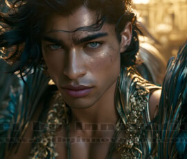 Stunning AI-generated male angel art handsome heavenly warriors with enormous shimmering wings descending from the celestial realm. Heaven's Warriors Collection by Jeff Dupler.