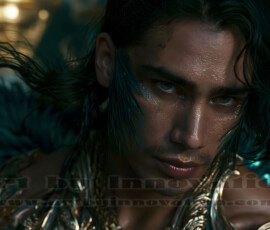 Stunning AI-generated male angel art handsome heavenly warriors with enormous shimmering wings descending from the celestial realm. Heaven's Warriors Collection by Jeff Dupler.