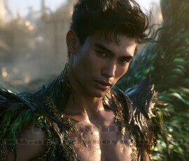 Stunning AI-generated male angel art handsome heavenly warriors with enormous shimmering wings descending from the celestial realm. Heaven's Warriors Collection by Jeff Dupler.