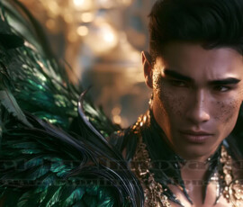 Stunning AI-generated male angel art handsome heavenly warriors with enormous shimmering wings descending from the celestial realm. Heaven's Warriors Collection by Jeff Dupler.