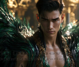 Stunning AI-generated male angel art handsome heavenly warriors with enormous shimmering wings descending from the celestial realm. Heaven's Warriors Collection by Jeff Dupler.