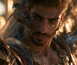 Stunning AI-generated male angel art handsome heavenly warriors with enormous shimmering wings descending from the celestial realm. Heaven's Warriors Collection by Jeff Dupler.