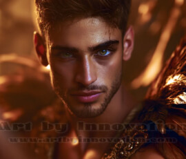 Stunning AI-generated male angel art handsome heavenly warriors with enormous shimmering wings descending from the celestial realm. Heaven's Warriors Collection by Jeff Dupler.