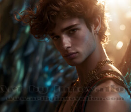 Stunning AI-generated male angel art handsome heavenly warriors with enormous shimmering wings descending from the celestial realm. Heaven's Warriors Collection by Jeff Dupler.