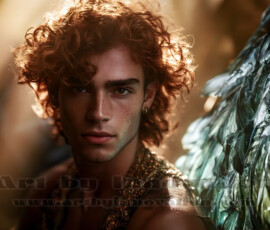 Stunning AI-generated male angel art handsome heavenly warriors with enormous shimmering wings descending from the celestial realm. Heaven's Warriors Collection by Jeff Dupler.