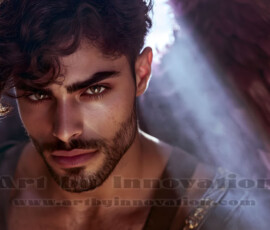 Stunning AI-generated male angel art handsome heavenly warriors with enormous shimmering wings descending from the celestial realm. Heaven's Warriors Collection by Jeff Dupler.