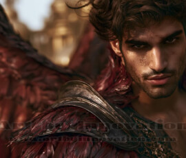 Stunning AI-generated male angel art handsome heavenly warriors with enormous shimmering wings descending from the celestial realm. Heaven's Warriors Collection by Jeff Dupler.