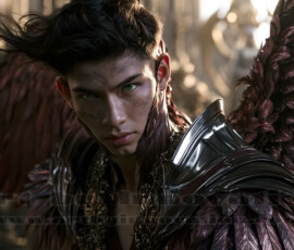 Stunning AI-generated male angel art handsome heavenly warriors with enormous shimmering wings descending from the celestial realm. Heaven's Warriors Collection by Jeff Dupler.