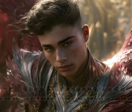 Stunning AI-generated male angel art handsome heavenly warriors with enormous shimmering wings descending from the celestial realm. Heaven's Warriors Collection by Jeff Dupler.